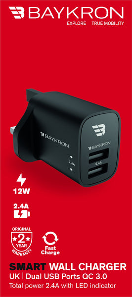 Baykron 12W, Wall Charger, with Dual USB Ports,Total Power 2.4A,UK, Black