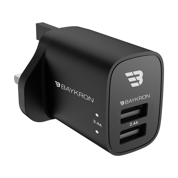 Baykron 12W, Wall Charger, with Dual USB Ports,Total Power 2.4A,UK, Black