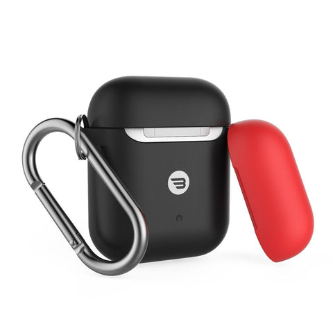 Airpod Case 1 & 2 Secure Slim silicone with carabiner Black extra Red cap