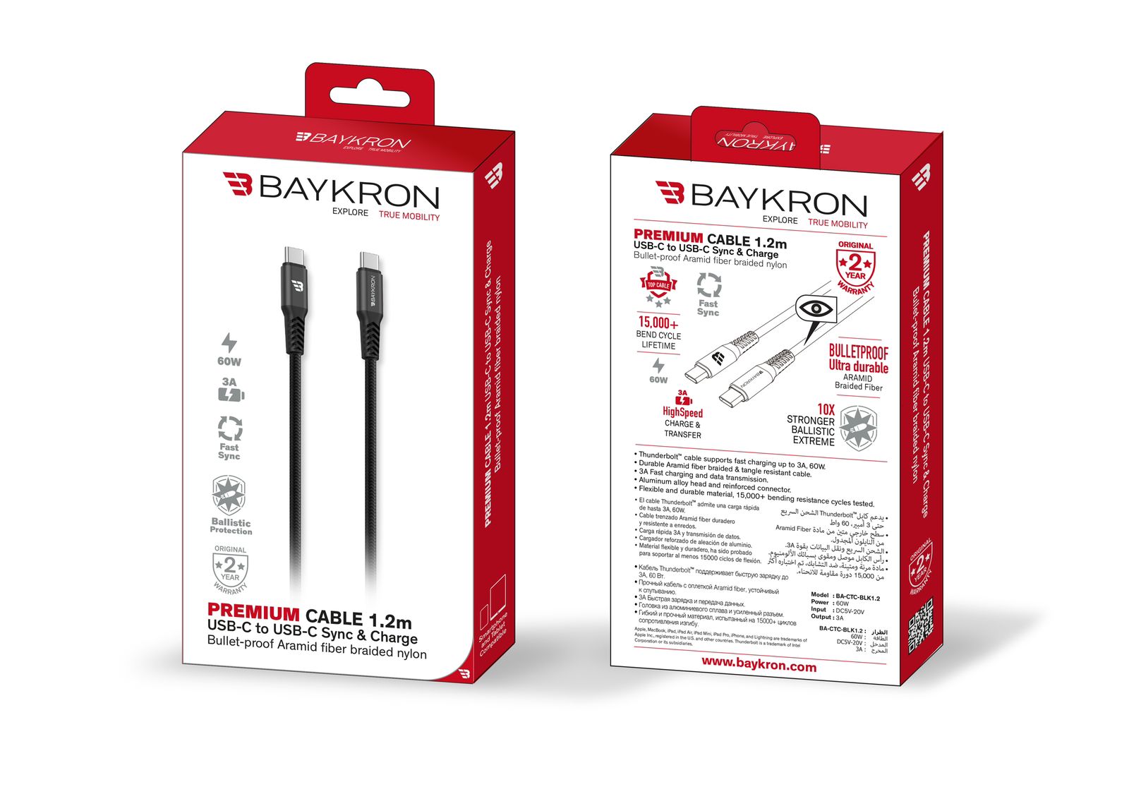 Baykron Cable Type C to Type C 1.2 M 3A Black