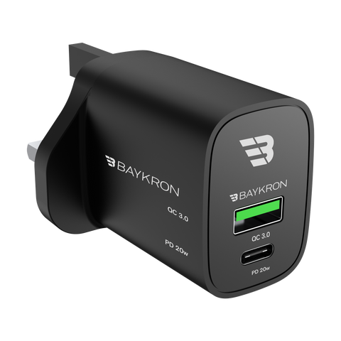 Baykron 36W Fast Charging Dual Port Wall Charger with Type-C™ Power Delivery 20W +QC3.0, UK, Black