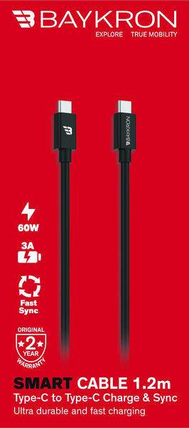 Baykron USB Type C to USB Type C Cable,3A, 1.2 M,TPU, Black