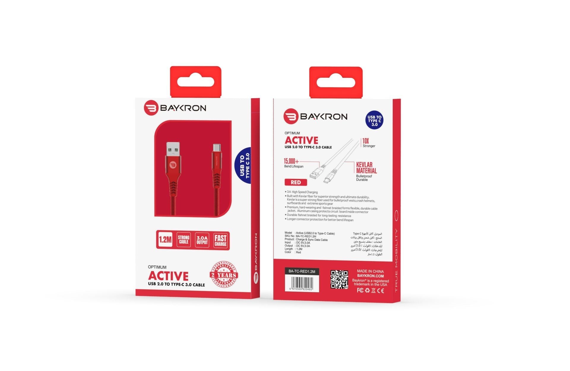 Baykron Cable USB A to Type C 1.2 M 3A RED
